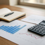 Meja analis dengan grafik ekonomi dan kalkulator untuk menyusun proyeksi makro