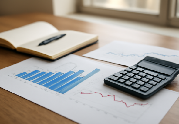 Meja analis dengan grafik ekonomi dan kalkulator untuk menyusun proyeksi makro