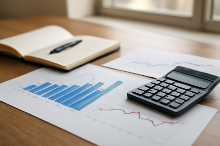 Meja analis dengan grafik ekonomi dan kalkulator untuk menyusun proyeksi makro