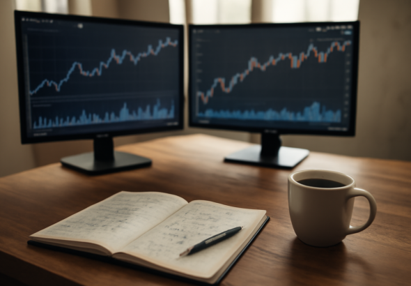 Meja analis keuangan dengan layar menampilkan grafik indikator ekonomi makro