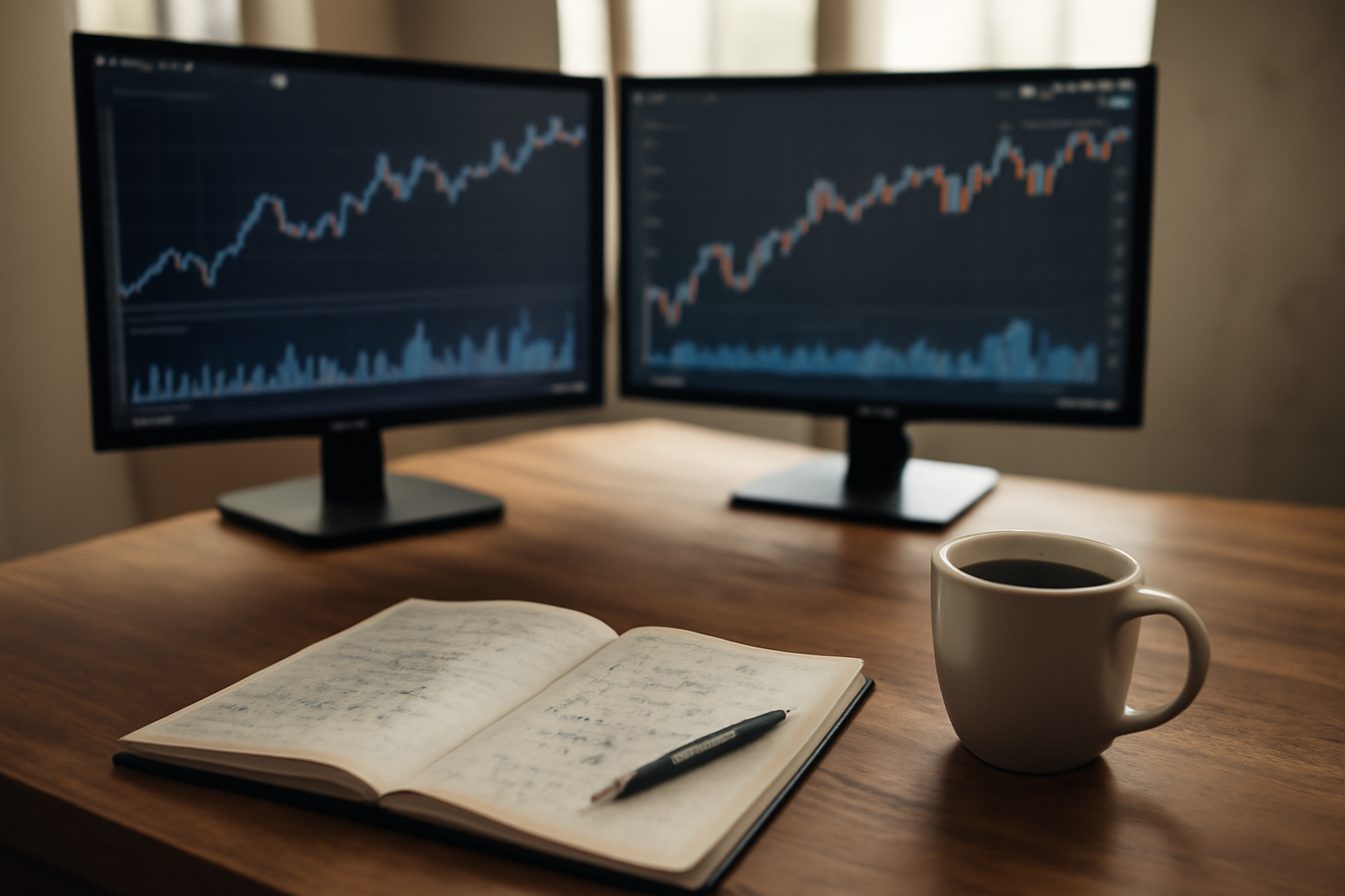 Meja analis keuangan dengan layar menampilkan grafik indikator ekonomi makro