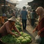 Pasar tradisional di pagi hari dengan pedagang dan pembeli, menggambarkan dampak kebijakan ekonomi bagi masyarakat