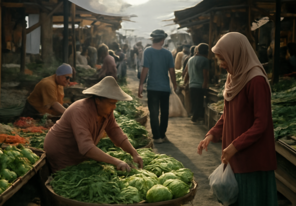 Pasar tradisional di pagi hari dengan pedagang dan pembeli, menggambarkan dampak kebijakan ekonomi bagi masyarakat
