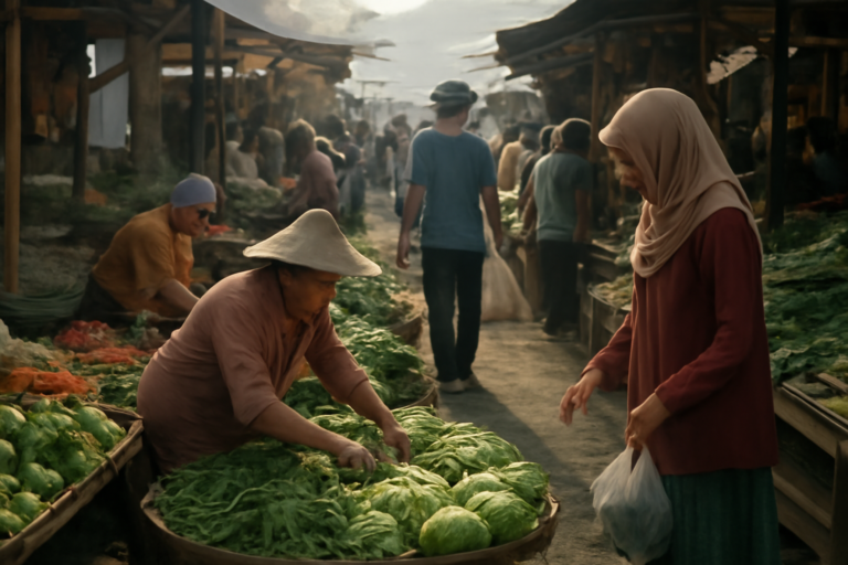 Pasar tradisional di pagi hari dengan pedagang dan pembeli, menggambarkan dampak kebijakan ekonomi bagi masyarakat